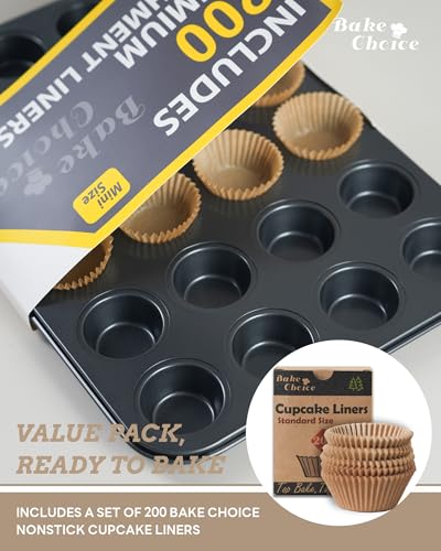 Bake Choice Mini Muffin Pan includes 200 Natural Cupcake Liners, Mini Cupcake Pans Nonstick 24 Cup, Muffin Tin, Carbon Steel Baking Supplies