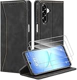 Deisyzy Lederhülle für Samsung Galaxy A17 5G Hülle mit 2 Schutzfolie Premium Leder Handyhülle Kartenfach Klapphülle Standfunktion Flip Wallet Case Stoßfest Hülle mit Samsung A17 5G - Schwarz