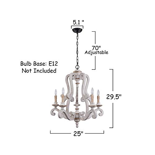 5-Light Farmhouse Chandeleir, Distressed White Wood Chandelier Dining Room Chandelier For Kitchen, Living Room, Bedroom, Entry, Stairway #TOP4