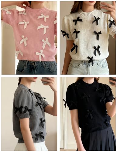 Image of Women's Sweaters Knitted Crewneck Puff Bubble Short Sleeve Pullover Tops Casual Bow T Shirts Chic Blouses