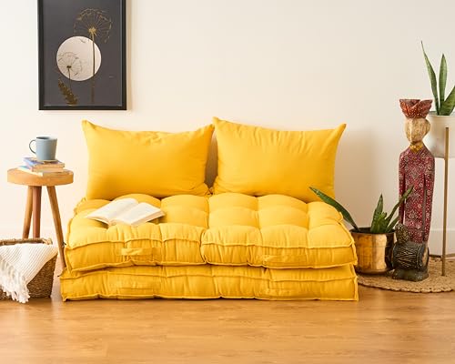 Image of SKANDA FAB Low Seating Cushion -100% Cotton Twill, Hand-Plotted Microfiber Filling, Floor Cushion with 2 Back Support Cushions - Ideal for Living Room, Balcony, Lounge- 80x120 Yellow (Pack of 2)