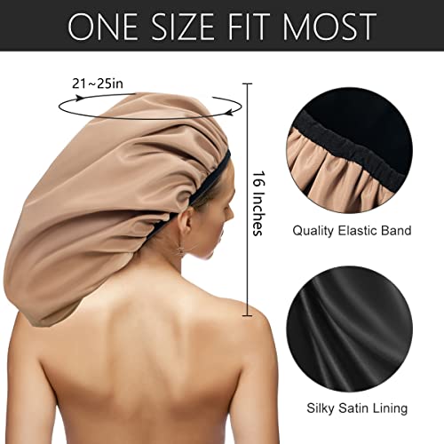 Auban Extra Large Shower Cap for Braids, Double-Layer Waterproof Reusable Satin Lining XL Shower Cap for Women Long Hair, Locs, perms (khaki)