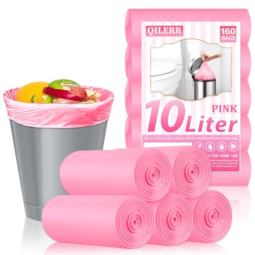 QILERR Bolsas de basura pequeñas de 10 litros, 160 unidades, bolsas de basura de plástico grueso para baño, cocina, oficina, para cubos de basura de 10 a 12 L, color rosa