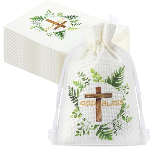 YUZNA 12 Pcs Sachet Etiquette Baptême Pochette Dragée Motif Colombe Cadeau Invité Décoration pour Baptême avec Ruban