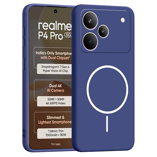 Image of amazon basics Back Cover for Realme P4 Pro 5G | Ultra Slim Soft Rubberised Case | Magsafe Logo Printed (Not Magsafe Compatible) | Camera Protection - Blue