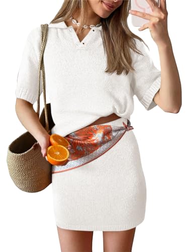 Image of Tankaneo Womens Skirt 2 Piece Sweater Sets Short Sleeve V Neck Knit Polo Shirts Mini Skirts Summer Beach Vacation Outfits