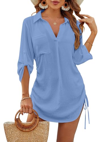 Image of Blooming Jelly Womens Bathing Suit Cover Ups Bikini Swimsuit Coverup Drawstring Beach Dress Shirt