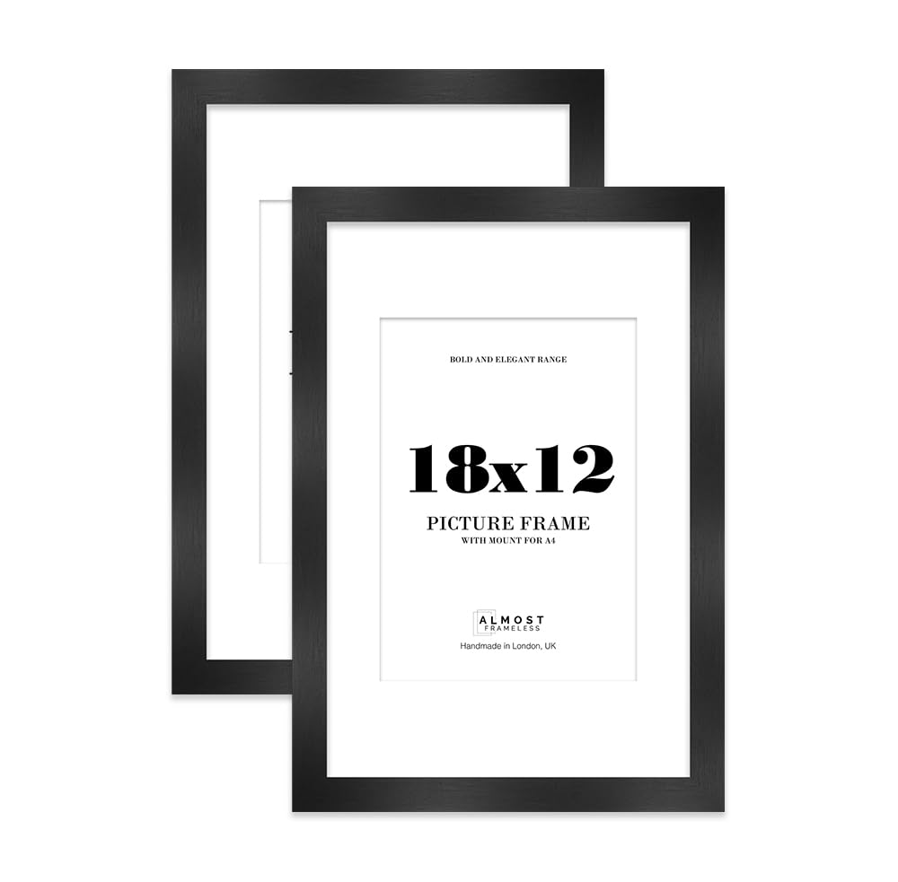 18x12 Black Frame With Mount for A4 Pictures 28mm Edge Portrait and Landscape Display with Wall Hooks, 2 Pack