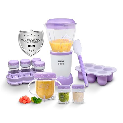 RCA Procesador de Alimentos Baby Bullet RC-NBB, 200 W, Libre de BPA, Cuchillas de Acero Inoxidable, Incluye 6 Tarros de 50 ml, Vaso con Asas de 170 ml, Bandeja Flexible, Espátula...