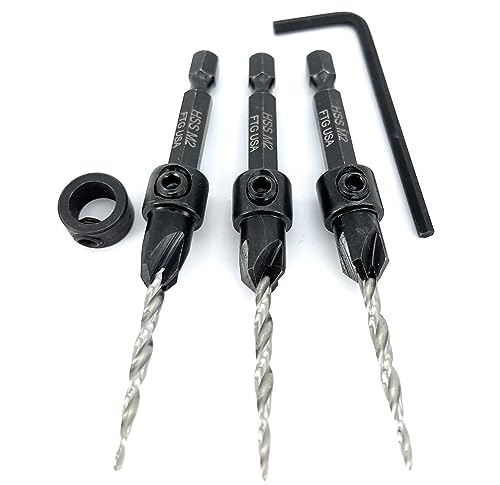 Image of FTG USA #6 (9 /64 inch) Wood Countersink Drill Bit 3-Pc Set with 3 /8 inch Depth Stop