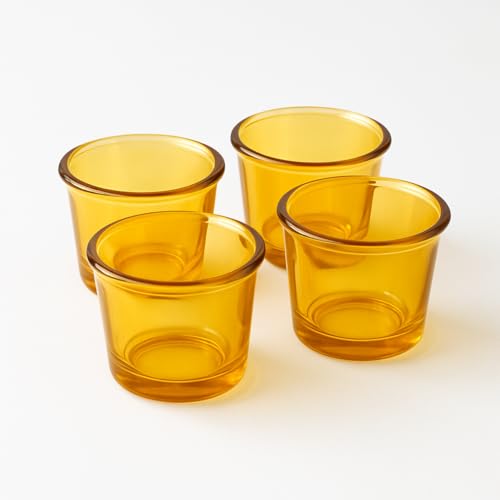 Image of Decorative Votive Glass Tealight Candle Holders Set of 4, Colorful T-Light Votives Holder, Diwali Decoration Items, Christmas Tealights, Ideal for Centerpiece & Festive Decor (Yellow)