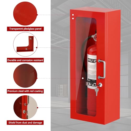 RDUIGT Wall Mount Fire Extinguisher Cabinet with Handle and Lock, Red Steel Storage Box for Fire Extinguisher, 24\" H x 9\" W x 6\" D Fire Extinguisher Holder for 10LB Extinguisher