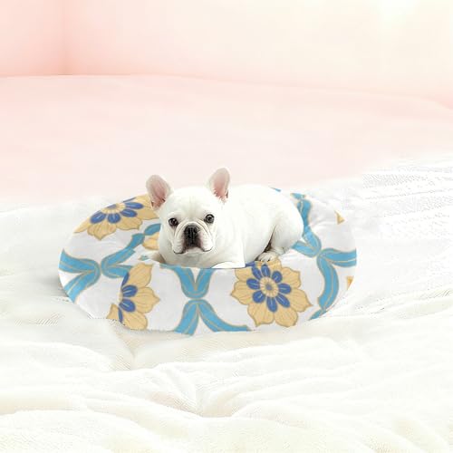 Lit pour chat bleu et jaune taille M - Coussin fleuri lavable pour petit animal