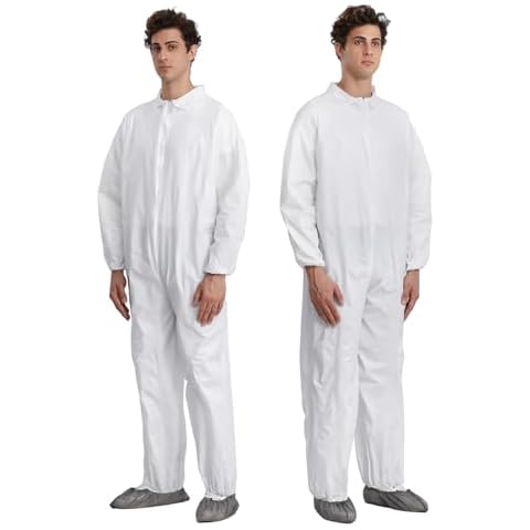 Greenour 5 Pack Heavy Duty White Hazmat Suits, Unisex-adult Disposable Coveralls Water Resistant Paint Suit Without Hood (X-Large) Cover