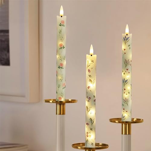 Image of Floral Candles Remote Candlesticks-10inches Timer Flickering Battery Operated Candle Chinoiserie LED Taper Candles Lights for Home Wedding Tea Party Windows Decor,3PCS-RFL