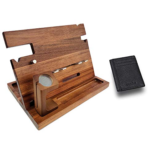 Eterluck Wooden Docking Station Men, Nightstand Organizer Bundle W/ Rfid Blocking Leather Wallet - Charging Station, Cell Phone Stand, Tablet Stand, Husband Gifts From Wife, For Dad - Walnut #TOP6