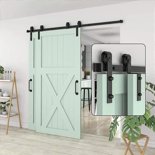 Kit de herrajes para puerta corrediza de granero resistente, sistema de doble pista para puertas de madera, 122-800 cm de longitud, kit completo para una fácil instalación