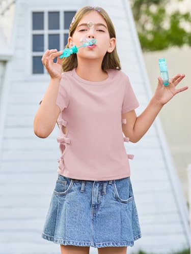 Image of Haloumoning Girls Short Sleeve Shirts Kids Summer Casual Side Bow Knit Tops Tees 5-14 Years