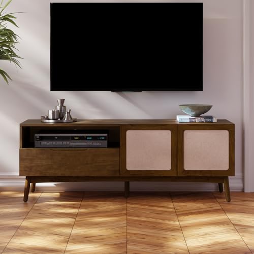 Image of Calista TV Stand 1 Drawer 2 Door - Chestnut Finish Media Console with Open Shelf & Fabric Panel Doors, Mid-Century Modern Style with Tapered Legs, Easy Assembly