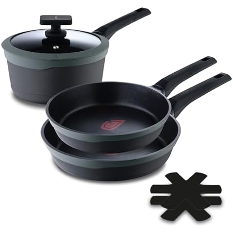 MasterPRO Gastro Reeco | Set of 5 | 3 x 20, 24 and 28 cm Non-Stick Frying Pans and 16 cm Saucepan with Lid | Heatdot | Recycled Cast Aluminium | Suitable for All Hob Types Cover