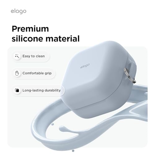 Image of elago Premium Silicone Case with Carabiner, Compatible with Samsung Galaxy Buds 4 Pro Case & Galaxy Buds 4 Case, Full Protection, Wireless Charging, Headphone Accessories, for Men, Women (Light Blue)