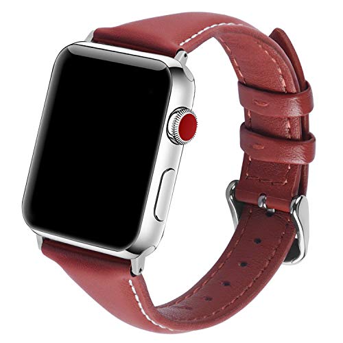 für Apple Watch Armband Serie 5/4/3/2/1, Schmales Uhrenarmband Leder für iWatch 38mm 40 mm 42mm 44mm, 40mm Rot + Silber Hardware