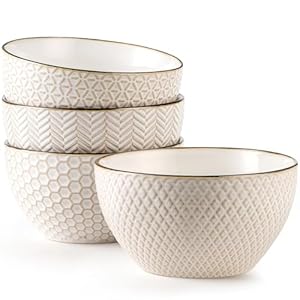 Ceramic Cereal Bowls Set 26 Oz Embossed Soup Bowl 6 Inch Stoneware Kitchen Bowl for Oatmeal Salad Dessert Rice Microwave Dishwasher Oven Safe Set of 4 White