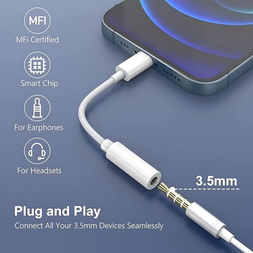 Image of i-Phone 3.5mm Headphone Jack Adapter - Aux Audio Dongle for iPhone 14, 13, 12, 11, XS, XR, X, 8, 7 - Fully Compatible with All iOS Devices for Seamless Audio Connection (White)