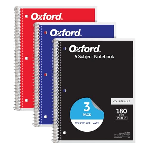 Oxford Spiral Notebooks, 3 Pack, 5 Subject, College Ruled Notebooks for School, 8 x 10.5 Inches, 180 Sheets, 4 Dividers, Assorted Colors, Back to School Supplies (65203)