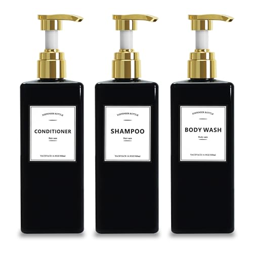 YACEYACE Black Rectangular Shower Bottle with Label, 3Pcs Shower Dispenser Bottle with Gold Pump,16.9oz