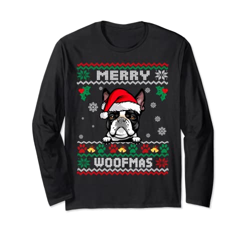 Merry Christmas Woofmas Boston Terrier Dog Funny Ugly Xmas Maglia a Manica