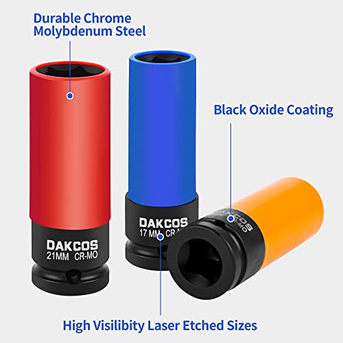 DAKCOS 3PCS 1/2-Inch Drive Lug Nut Impact Socket Set, 17mm, 19mm, 21mm Wheel Protector - Image 3