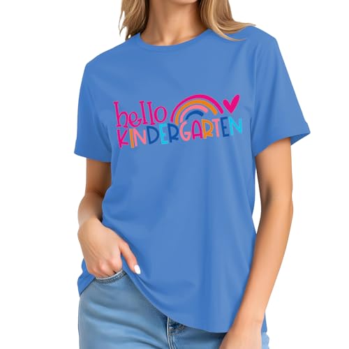 Image of Kindergarten Teacher Shirts for Women-Rainbow Heart Short Sleeves | Cute Back to School Shirt Great for Preschool Educators Classroom Daily Work First Day Celebration Events