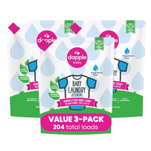 Image of Dapple Baby Laundry Detergent, Powered by Plants, Concentrated, Hypoallergenic, Fragrance Free, Eco-Friendly Pouch, Stain Remover, 34 Fl Oz (3 Pack)