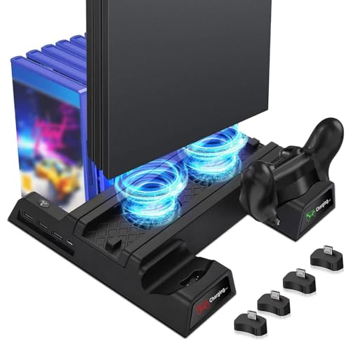EEEKit PS4 Vertikaler Ständer Kühlung Lüfter, Vertical Stand Standfuß mit Lüfter, 2 Controller Ladesation, USB Hub, 12 Spiele Lagerung, Kompatibel mit PlayStation 4, PS4 Slim und Pro