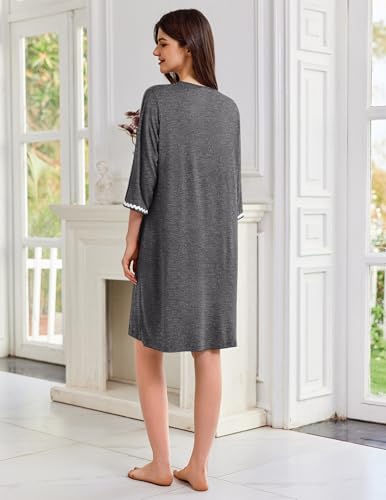 Image of Ekouaer Zipper Robes for Women 3 /4 Sleeves Lightweight House Coat Zip Up Bathrobe Soft Nightgown with Pockets S-3XL