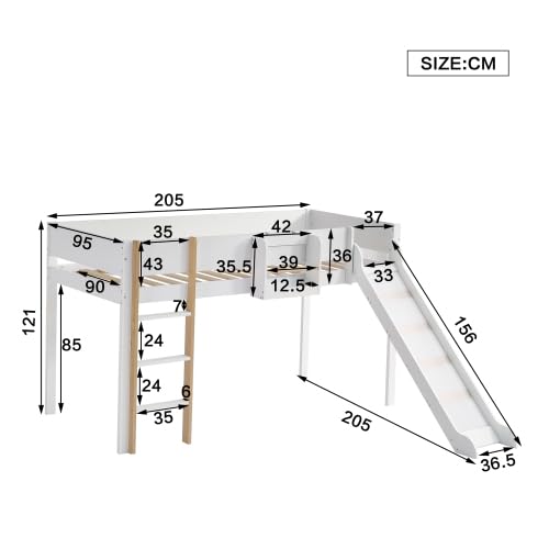 Merax Hochbett für Kinder, Etagenbett mit Rutsche und dreistufiger gerader Leiter, Abnehmbares Regal, Weiß+Natur, 90x200cm, Kiefer + MDF