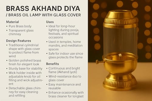 Image of K.N Creation Brass Akhand Diya with Adjustable Bati, Jyoti Wick Lifting Screw Lever, Akhanda Jyothi Deepam, Borosilicate Glass Cover for Pooja (Large, 250 ml: Oil Capacity, Long Lasting 48 Hours)