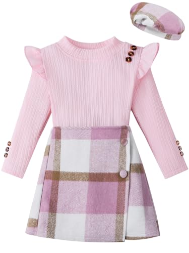 Patgoal Toddler Girls Fall Winter Clothes 3 Piece Outfits Kids Long Sleeve Ribbed Knit T Shirt Sweater Plaid Mini Skirt Set