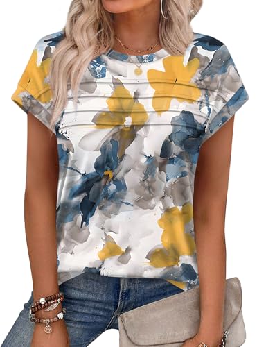 WEESO Womens Summer Tops Trendy 2026 Cap Sleeve T Shirts Crew Neck Pleated Front Beach Vacation Clothes Fashion