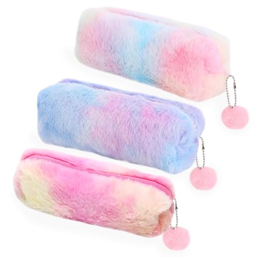 NyaSaa Rainbow Plush Pencil Case,3PCS Fluffy Pencil Case Plush Gradient Pencil Pouch Soft Furry Rainbow Pencil Case Cute Plush Makeup Pouch Cute Furry Pen Bag for Students Kids
