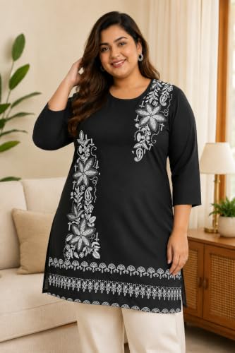 Image of RYSH Women's Plus Size Printed Kurta | Round Neck | 3 /4 Sleeve | Relaxed Fit