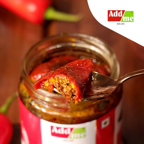 Image of Add me Red Stuffed Chilli Pickle 500gm | bharwa lal mirch achar in mustard oil| homemade lal mirchi ka achar with banarasi masala in glass jar