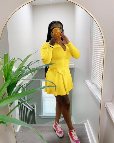 Adogirl Womens Sexy Flared Tennis Skirt Sets Slim Zip Up Jacket 2 Piece Outfits Athletic Matching Mini Dress with Shorts2