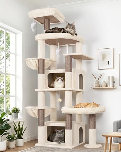 Image of Globlazer 75in Sturdy Cat Tree for Large Cats, Heavy Duty Multi-Level Cat Tower for Indoor Cats with Extended Platform, 2 Spacious Condos, 2 Padded Perches, 6 Sisal Scratching Posts, S75, Beige