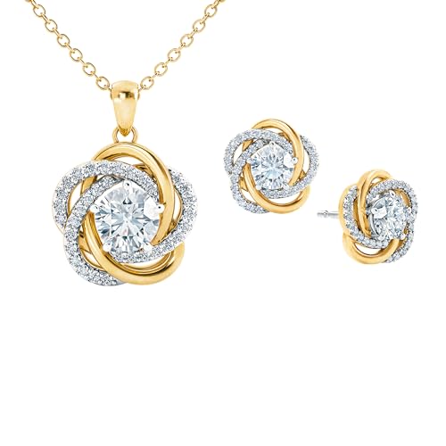 Perfectly Paired Love Knot Necklace w/ Love Knot Earrings, Matching Necklace & Earrings Set, 14k Gold Plated Necklace for Women, Luxurious Pendant w/ Over 85 Diamonisse Stones #4922-00982