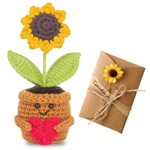 Pocket Hug Positive Sonnenblume, Kreative Strickwolle Sonnenblume Puppe mit Herz, mit Trockenblumen Grußkarte, Positive Kartoffel Pocket Hug Glücksbringer für Freunde Kollegen Famili Männer Damen