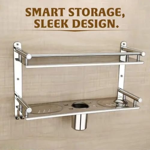 Image of EVANEX Steel Double Layer Bathroom Shelf | 304 Grade Stainless Steel Wall Mount Bathroom Organizer | Rust Proof Bathroom Rack | 5 in 1 Storage Shelf for Toiletries | Bathroom Accessories Set