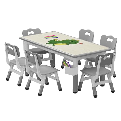 Garvee Conjunto Infantil de Mesa y 6 sillas Ajustables en Altura - Superficie fácil de Limpiar - Patas Antideslizantes - Diseño ergonómico y Seguro - Ideal para casa, guardería o Aula - para niños de