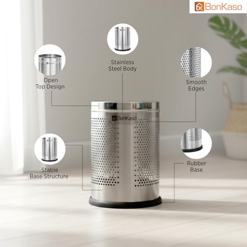 Image of Bonkaso 9L Stainless Steel Perforated Dustbin (8x12 Inch), Open Top Trash Bin Without Lid, Rust Proof & Durable Garbage Can for Home, Kitchen, Bathroom & Office Use, Silver Finish